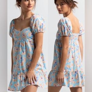 RSQ BABYDOLL MINI DRESS SWEETHEART NECK FLORAL DAISY BLUE ORANGE RUFFLE